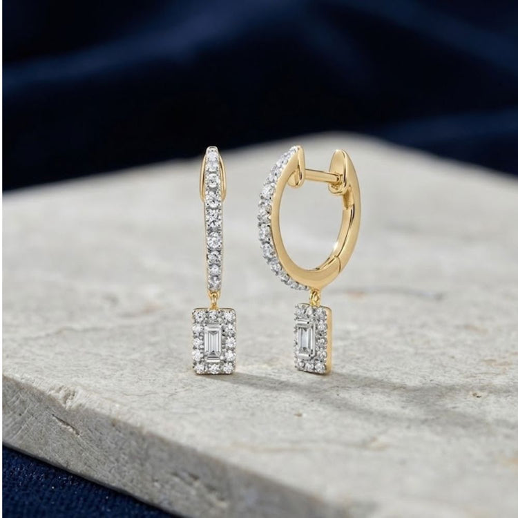 10K Gold Diamond Hoop Dangle Earrings 1/3 CTTW featuring a pavé-set hoop with a dangling rectangular pendant centered with a baguette diamond.