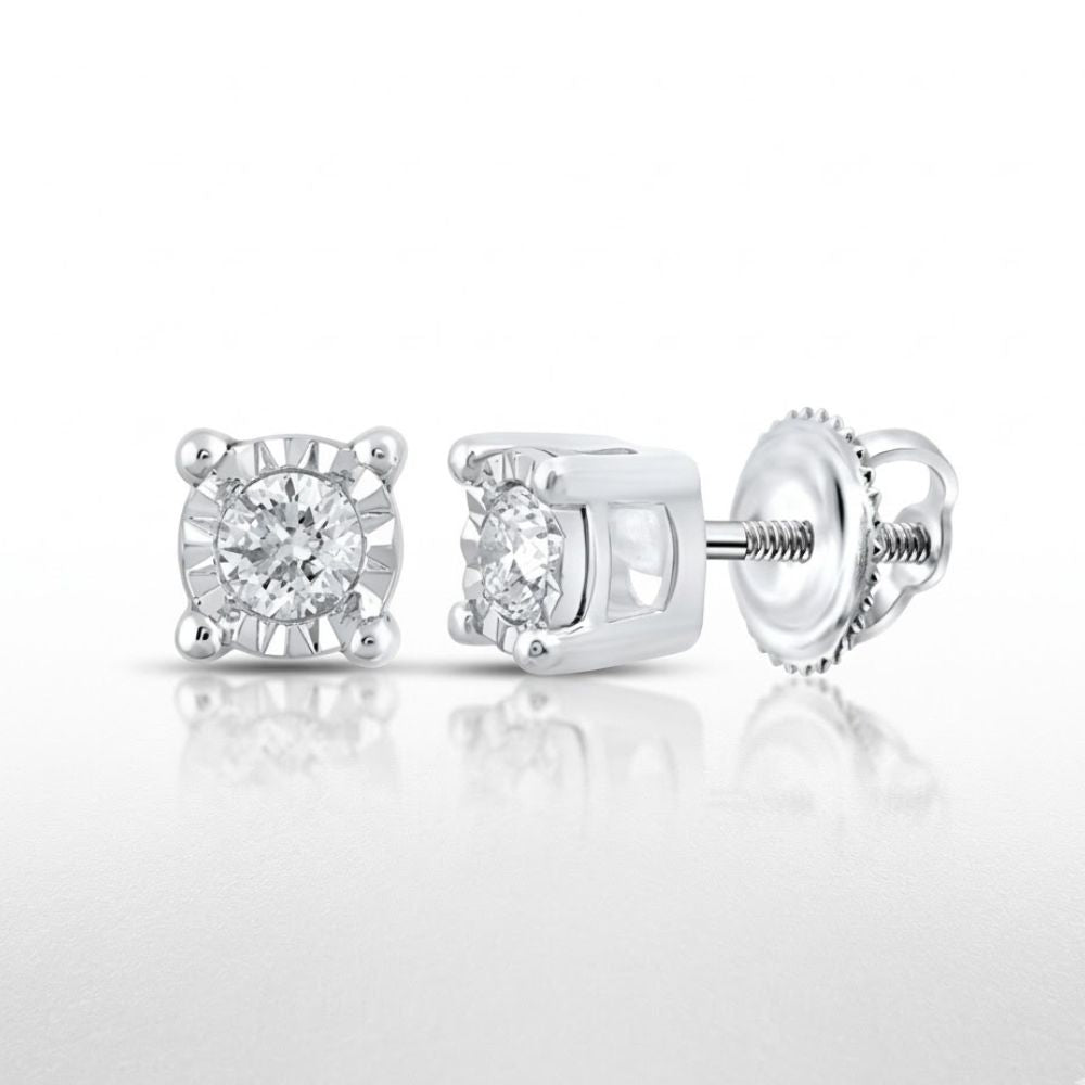The 10k Yellow Gold Diamond Stud Earrings 1/5 Cttw feature round diamonds in a four-prong setting with screw-back closures, shown against a white background.