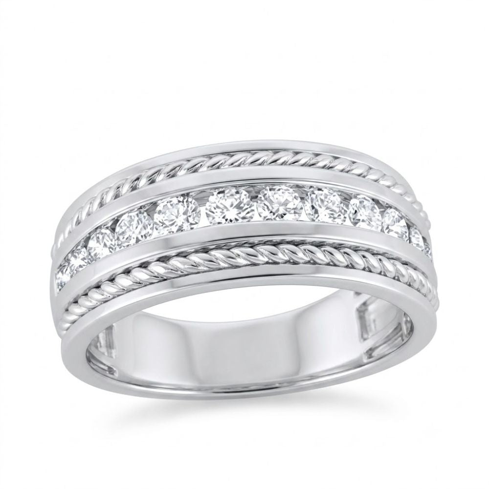 The 3/4CTW Diamond Mens Band 10K Gold Ring features a central row of round diamonds set between two twisted rope borders, all on a wide, smooth, polished band.