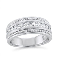 The 3/4CTW Diamond Mens Band 10K Gold Ring features a central row of round diamonds set between two twisted rope borders, all on a wide, smooth, polished band.