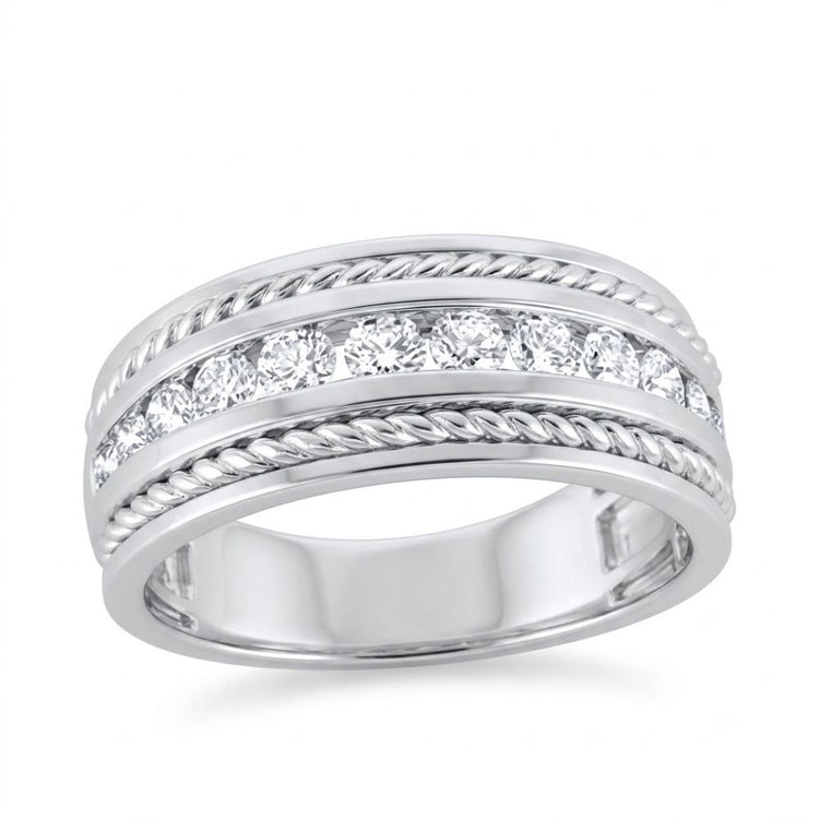 The 3/4CTW Diamond Mens Band 10K Gold Ring features a central row of round diamonds set between two twisted rope borders, all on a wide, smooth, polished band.