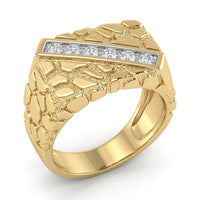 The 10k Yellow Gold Round Diamond Nugget Fashion Ring 1/2 Cttw features a textured nugget design with a diagonal row of six round white diamonds set in a polished channel across the top.