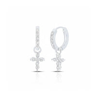1/8CTW Round Diamond Cross Hoop Dangle Earrings in 10K Yellow Gold, each with sparkling round diamonds and a dangling cross charm, shown on a white background.