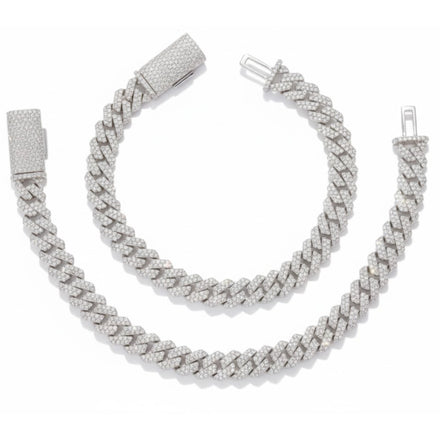 Two Silver Moissanite Cuban Link Bracelets – 8mm are displayed on a white background. Each features a rectangular, moissanite-studded clasp and is arranged in both curved and straight positions.