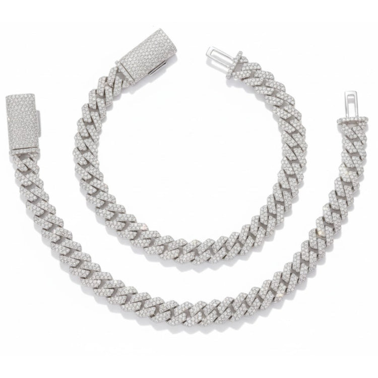 Two Silver Moissanite Cuban Link Bracelets – 8mm are displayed on a white background. Each features a rectangular, moissanite-studded clasp and is arranged in both curved and straight positions.