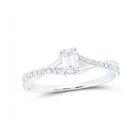 The 3/8 CT Diamond Emerald Engagement Ring in 14k gold showcases a rectangular emerald-cut center diamond and a twisted band with small round diamonds, all displayed against a white background.
