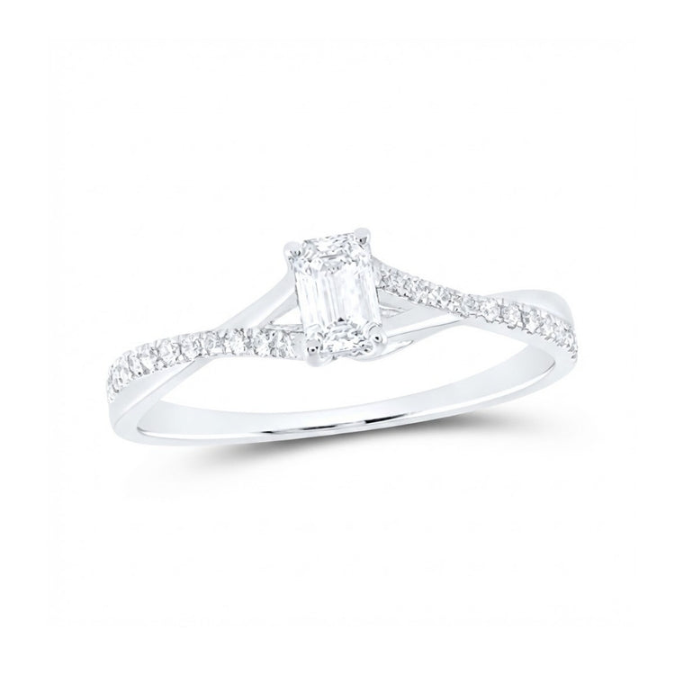 The 3/8 CT Diamond Emerald Engagement Ring in 14k gold showcases a rectangular emerald-cut center diamond and a twisted band with small round diamonds, all displayed against a white background.