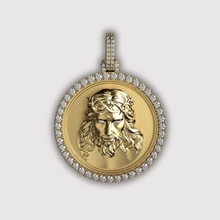  14K Gold Diamond Jesus Face Round Pendant with intricate detailing, showcasing a Jesus face, framed by a round design and diamond accents.