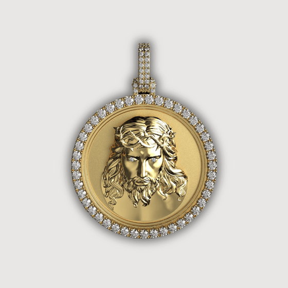 14K Gold Diamond Jesus Face Round Pendant with intricate detailing, showcasing a Jesus face, framed by a round design and diamond accents.