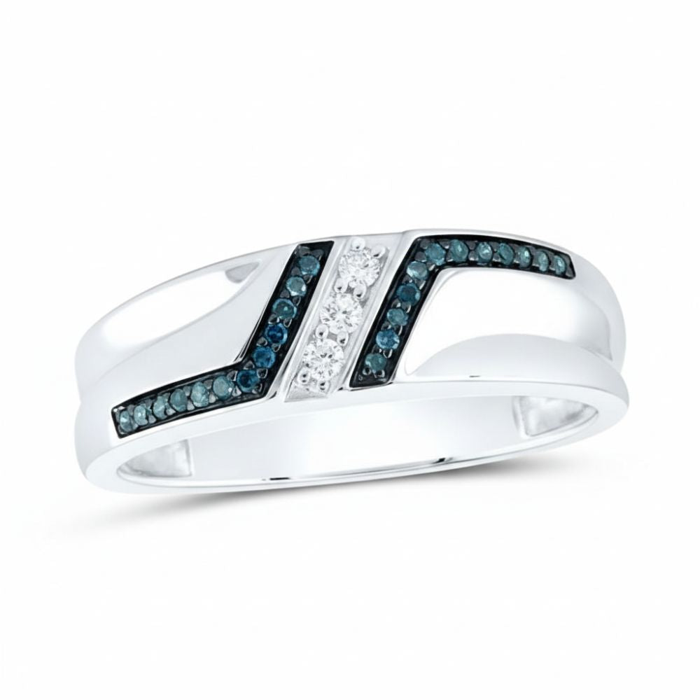 The Sterling Silver Blue Diamond Wedding Band – 1/5 Cttw features a split band with a diagonal row of white diamonds accented by blue gemstones—an elegant, stackable ring for any occasion.