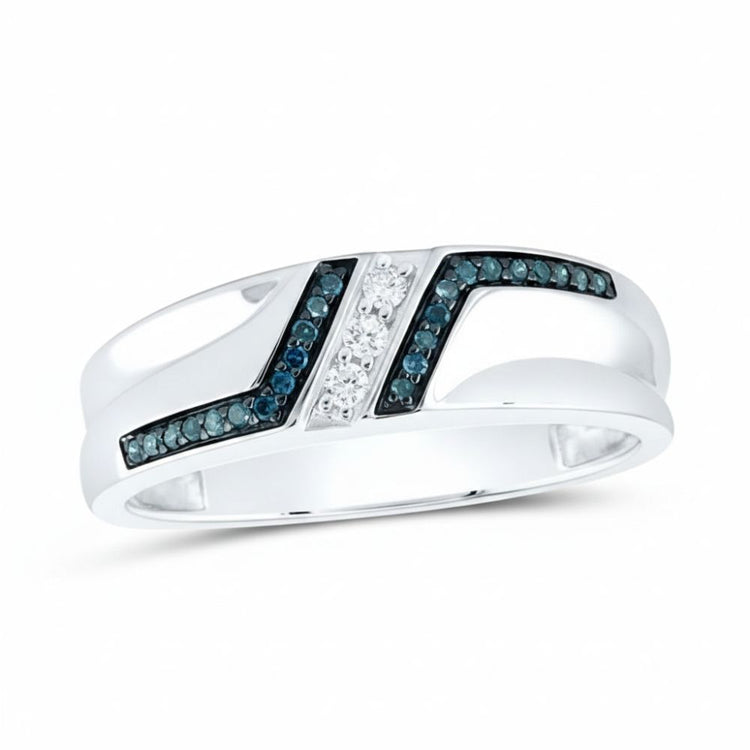 The Sterling Silver Blue Diamond Wedding Band – 1/5 Cttw features a split band with a diagonal row of white diamonds accented by blue gemstones—an elegant, stackable ring for any occasion.