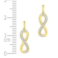 The 10k Gold Diamond Infinity Dangle Earrings (1/10 CTTW), about 2 cm long, feature sparkling stones in an elegant infinity design. Displayed next to a ruler for scale, these earrings add timeless charm to any jewelry collection.