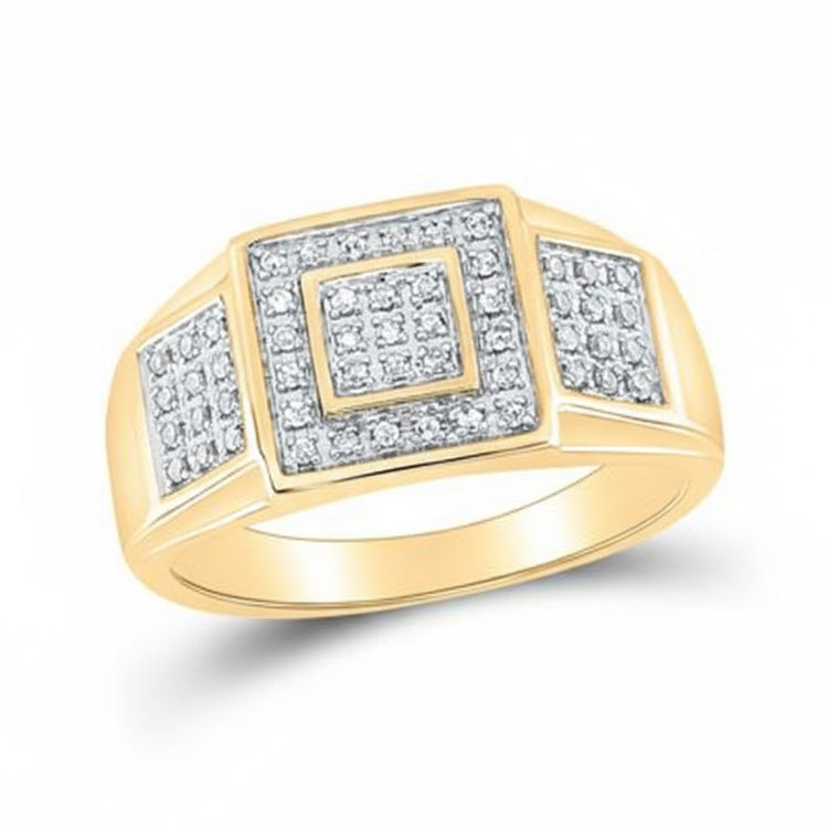 The 10K Yellow Gold Diamond Square Ring 1/4CT features a square design with multiple diamonds in the center and on the sides, showcased against a white background.