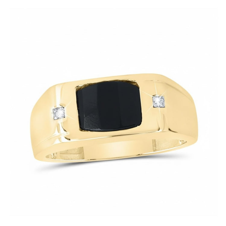 The 10k Yellow Gold Black Onyx Diamond Men's Ring features a large rectangular black onyx center stone flanked by two diamonds, displayed against a plain white background.