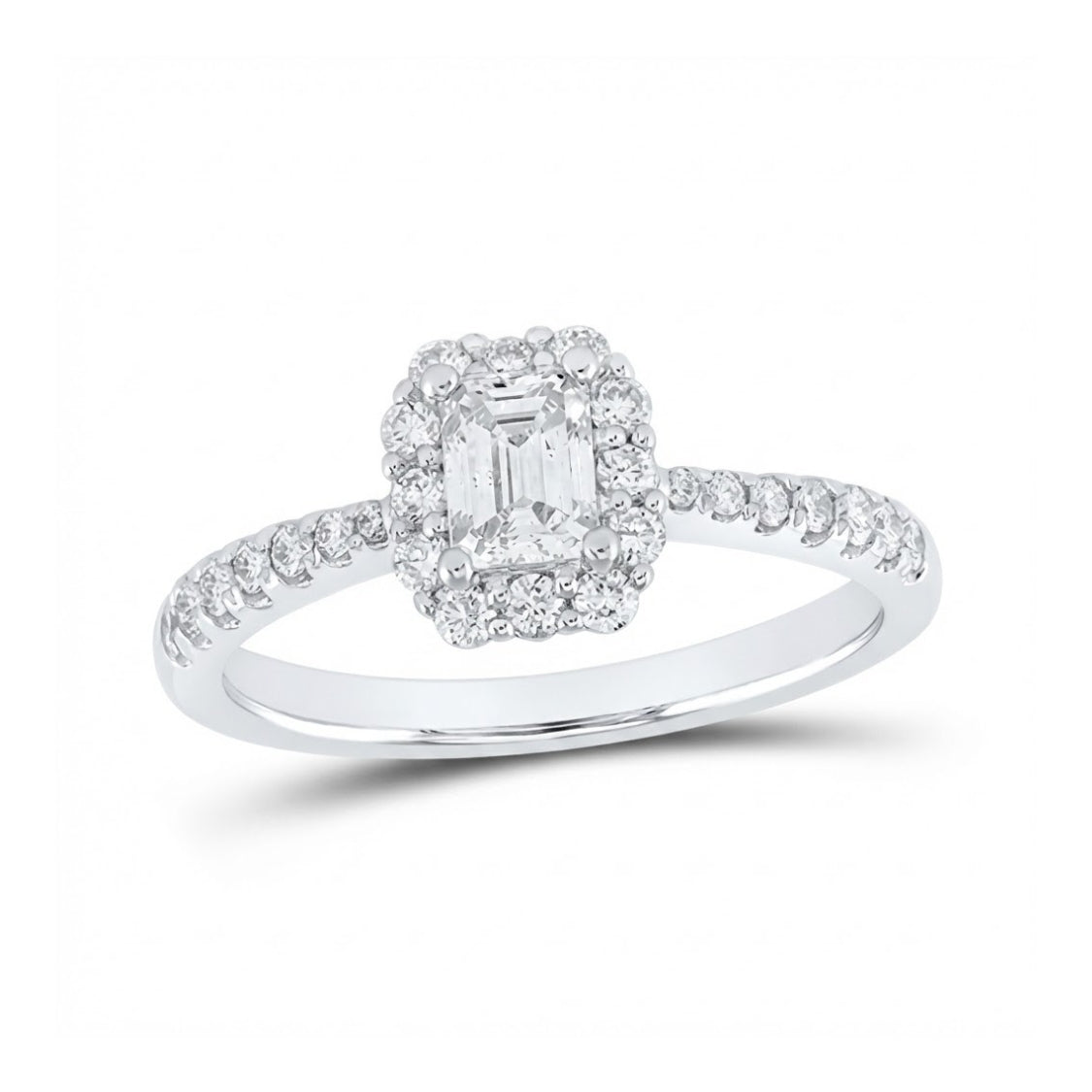 The 14k Gold Emerald Diamond Halo Engagement Ring 7/8 Cttw showcases an emerald-cut center diamond, a sparkling round diamond halo, and additional diamonds along the band for classic elegance.