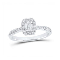 The 14k Gold Emerald Diamond Halo Engagement Ring 7/8 Cttw showcases an emerald-cut center diamond, a sparkling round diamond halo, and additional diamonds along the band for classic elegance.