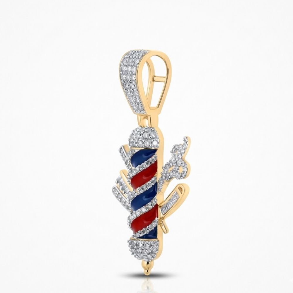 The Barber Pole Diamond Charm 7/8CT 10K Gold pendant features red, blue, and white stripes with sparkling baguette diamonds, plus scissors and a comb accents for a stylish touch.