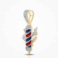 The Barber Pole Diamond Charm 7/8CT 10K Gold pendant features red, blue, and white stripes with sparkling baguette diamonds, plus scissors and a comb accents for a stylish touch.