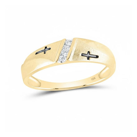 The 10k Gold Diamond Cross Wedding Band 1/20 Cttw features two black crosses on each side of a single row diamond band set in matte-finish yellow gold.