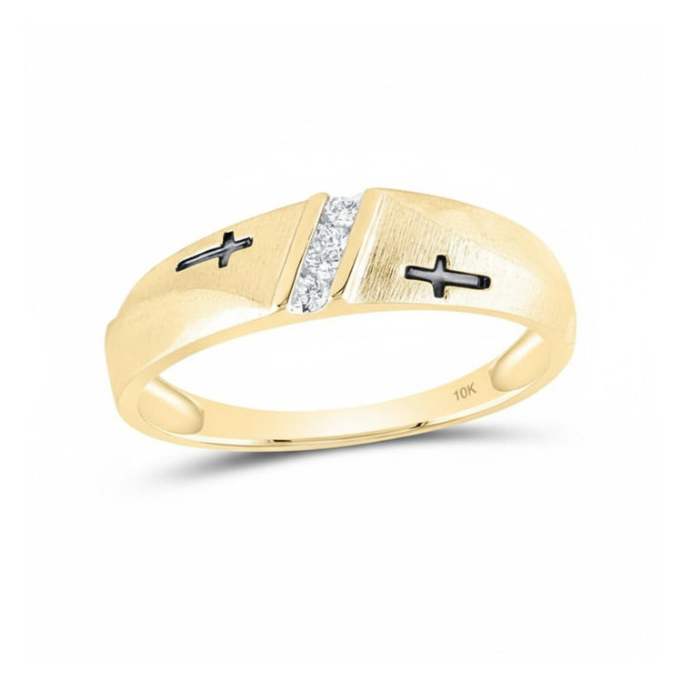 The 10k Gold Diamond Cross Wedding Band 1/20 Cttw features two black crosses on each side of a single row diamond band set in matte-finish yellow gold.