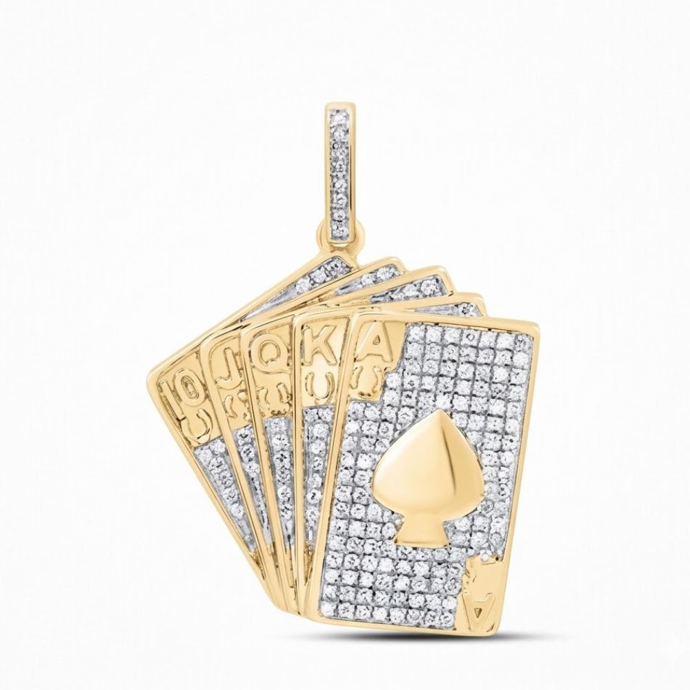 The 10K Gold Diamond Royal Flush Pendant 5/8 CTTW showcases five playing cards—10, J, Q, K, and Ace of spades—adorned with sparkling diamonds and a bold spade symbol on the ace.