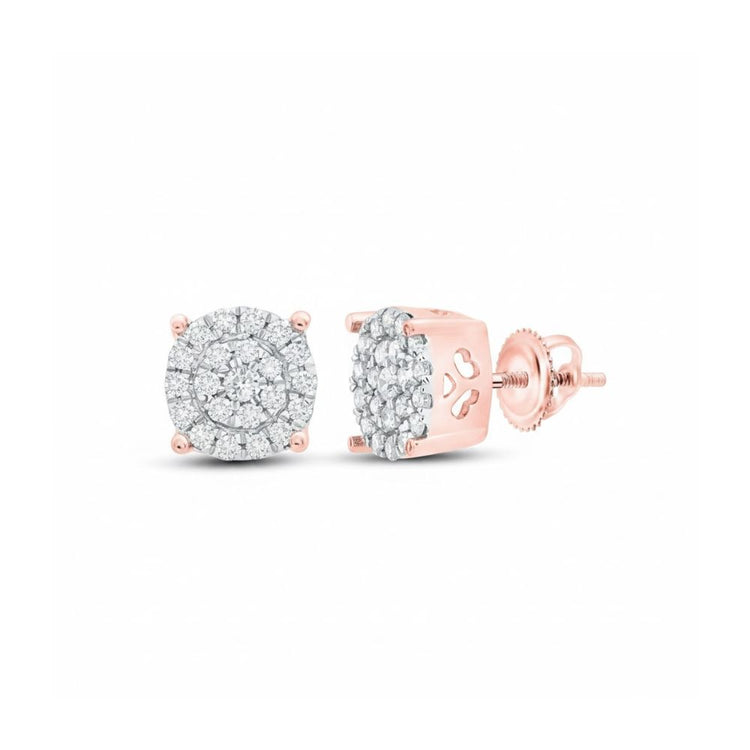 The 10k Gold Diamond Cluster Earrings feature round floral diamond clusters totaling 1/8 cttw, shown from the front and side, both secured with screw-back posts.