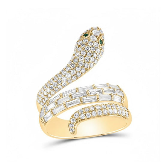 14K Gold Diamond & Emerald Snake Ring 1 3/8 CTTW