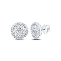 The 10K Gold 1/3 CTW Diamond Flower Stud Earrings feature a swirl pattern with multiple small diamonds in a floral arrangement and secure screw-back closures.