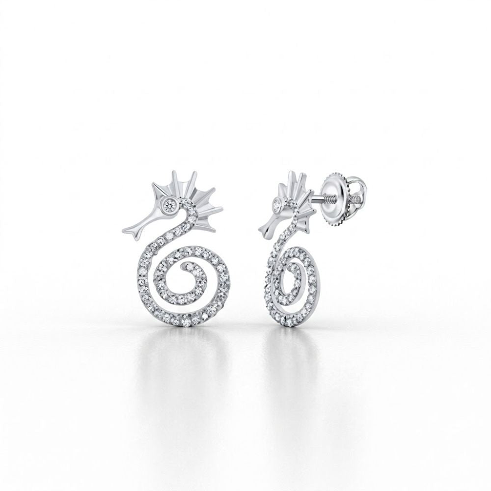 1/4CTW Natural Diamond Seahorse Earrings in 10K gold, featuring spiral bodies and screw-back closures, shown against a plain white background.