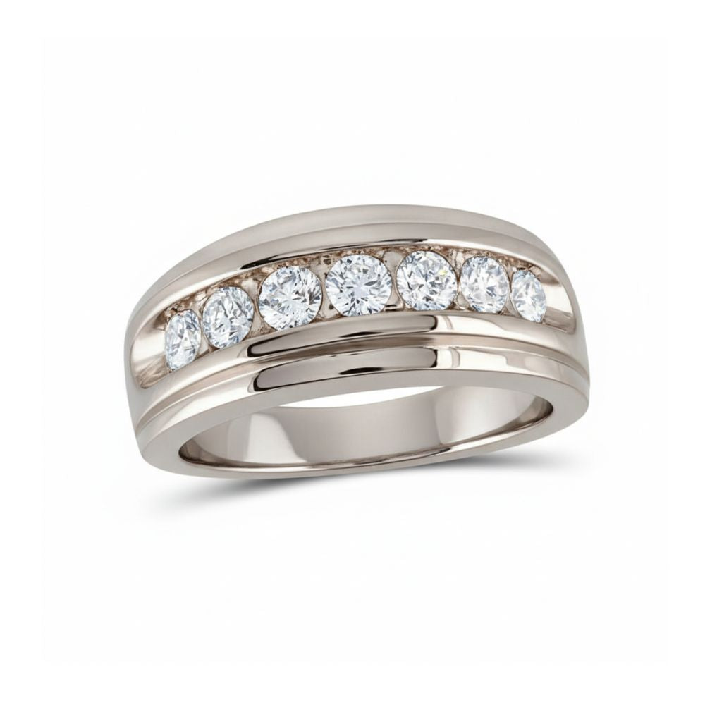 The 10k Gold Diamond Channel-Set Wedding Band Ring showcases seven round-cut diamonds totaling 1 carat, set in a wide, polished band of gold.