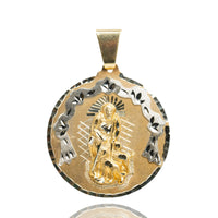 The Saint Lazarus Circular Pendant – 14K Solid Gold Men’s Pendant features a raised image of the saint with two children, surrounded by decorative arches and patterns on a white background.