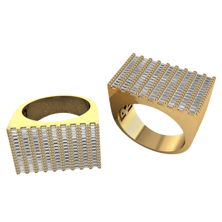 Two Baguette Stack Diamond Rings – 1.56 CT Gold Design, each featuring multiple parallel rows of baguette diamonds on a rectangular face, are displayed on a white background.