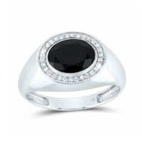 A bold 10k Gold Diamond Onyx Black Men’s Ring featuring a round black onyx center with 1/6 CTTW diamonds, all set on a polished gold band.