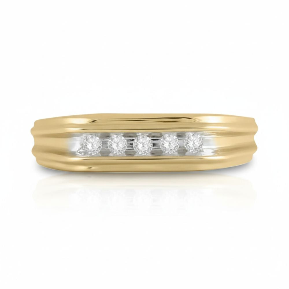 The 10k Two-Tone Gold Diamond Wedding Band – 1/8 Cttw features a grooved design with five round diamonds set in a horizontal row across the center.