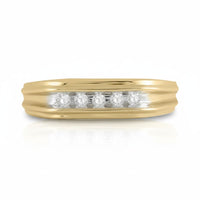 The 10k Two-Tone Gold Diamond Wedding Band – 1/8 Cttw features a grooved design with five round diamonds set in a horizontal row across the center.