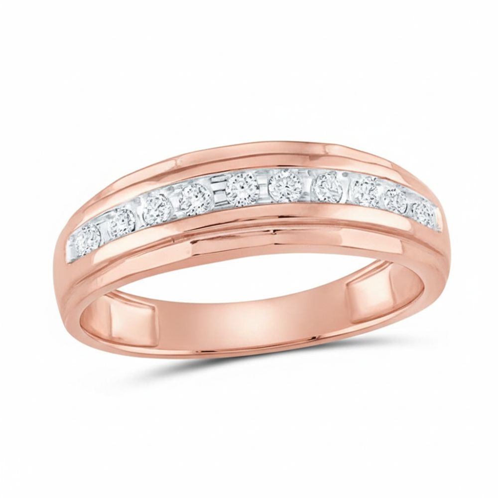 A 10k two-tone gold diamond wedding band – 1/4 cttw, featuring a row of round white diamonds set in a channel across the top, displayed on a plain white background.