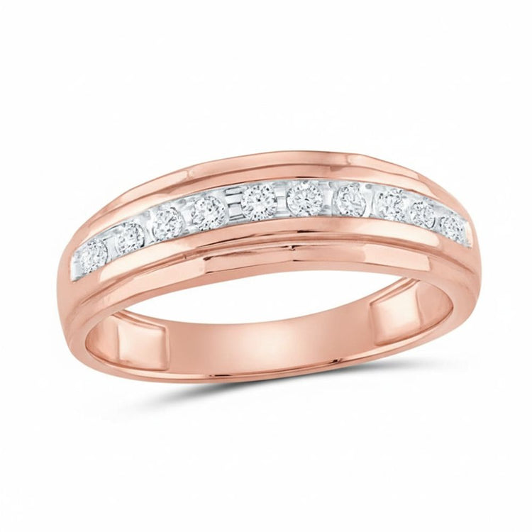 A 10k two-tone gold diamond wedding band – 1/4 cttw, featuring a row of round white diamonds set in a channel across the top, displayed on a plain white background.