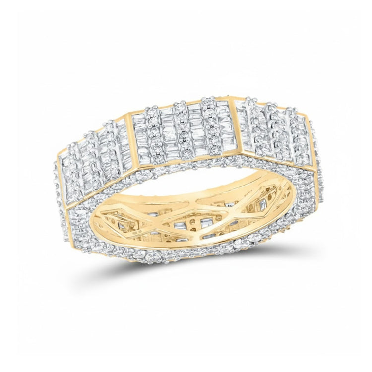 The 14K Yellow Gold Diamond Band Ring 2-5/8 Cttw features square and round white diamonds in a geometric pattern with intricate inner detailing.