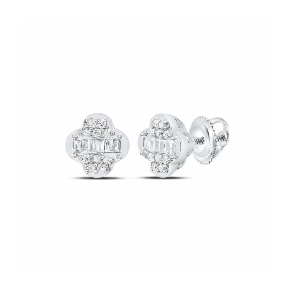 These 1/6CT Diamond Clover Earrings in 10k gold feature clusters of sparkling diamonds and secure screw-back fastenings, offering timeless elegance for those who love nature-inspired fine jewelry.
