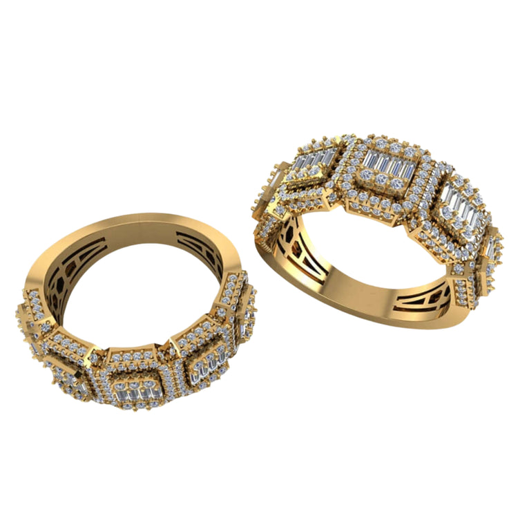The Diamond Band – 2.05 CT Baguette and Pavé Design features an ornate gold ring with intricate geometric patterns, showcasing sparkling baguette and pavé-set diamonds, displayed on a white background.