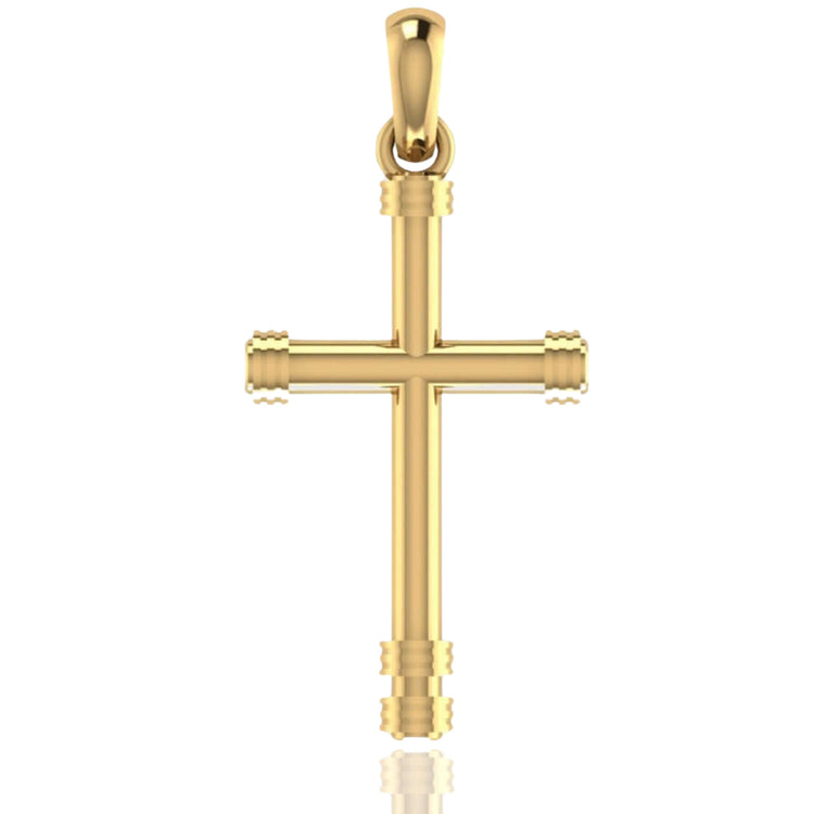 The 14k Gold Cylindrical Cross Pendant features decorative ridges on each end and a polished finish, hanging from a gold bail against a white background.