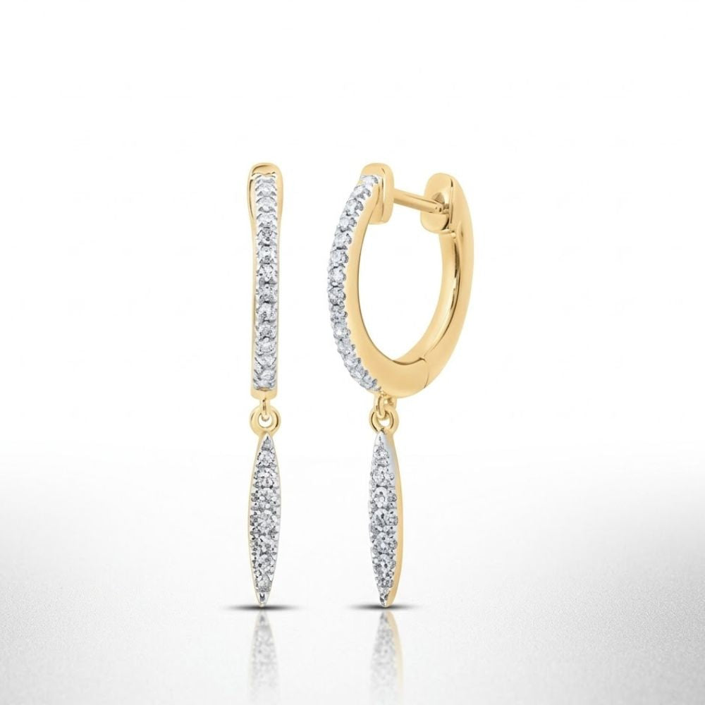 10k White Gold Diamond Drop Dangle Earrings featuring a vertical row of small white diamonds and an elongated teardrop-shaped diamond-encrusted charm, shown against a white background.