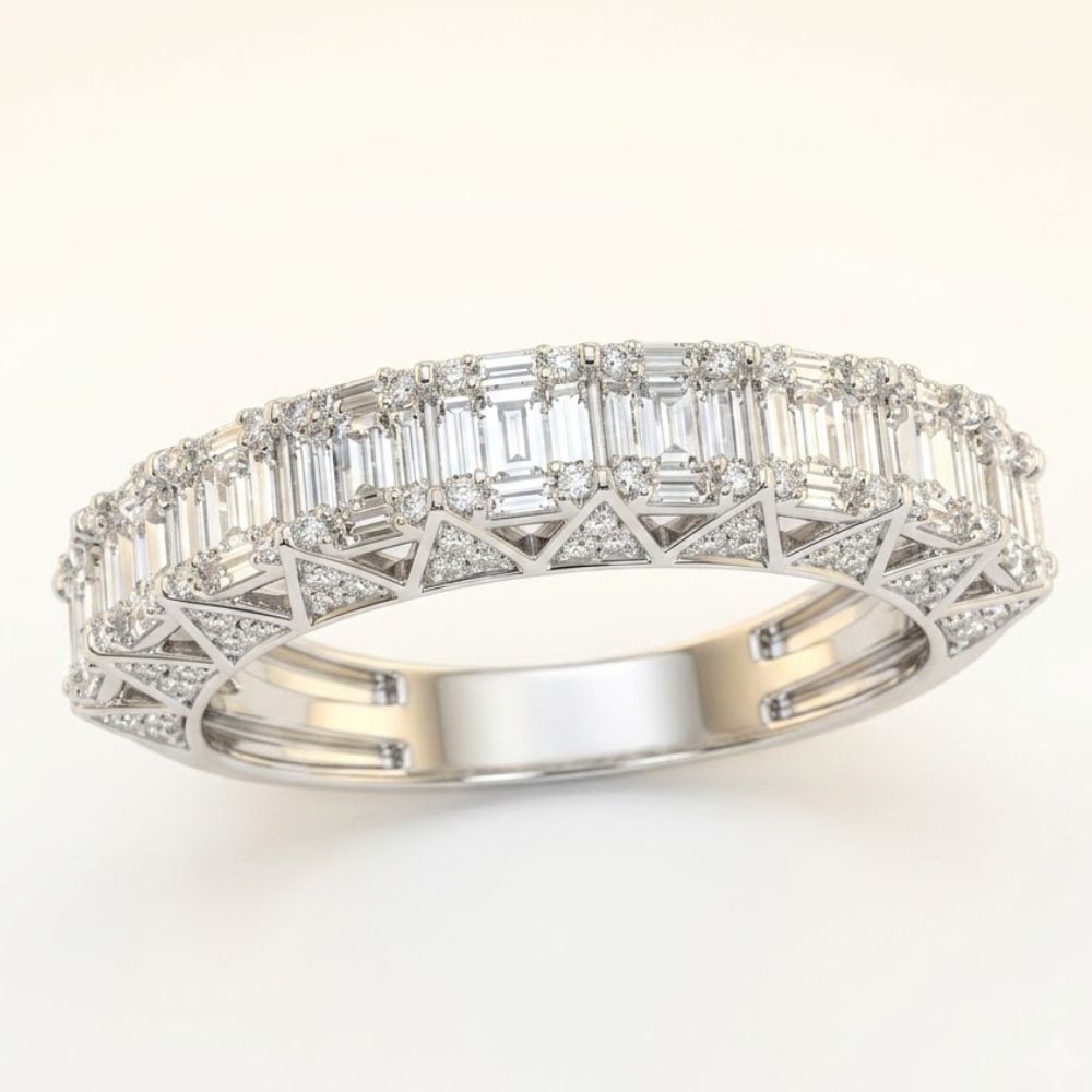 The 1 CTW Diamond Men's Band in 10K Gold features round and baguette-cut diamonds in a detailed prong setting, displayed against a light background—perfect for pairing with a 1 carat diamond ring.