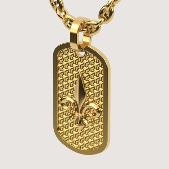 14k Gold Fleur De Lis Dog Tag PendantDiscover the 14K Gold Fleur De Lis Dog Tag Pendant. A luxurious men’s gold pendant featuring a timeless Fleur De Lis design, blending style and sophistication.