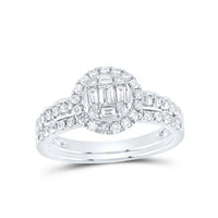 The 3/4 CTW Natural Diamond Round Bridal Set in 14k Gold features a round halo of diamonds around baguette and round center stones, plus extra diamonds along the split band for added sparkle.