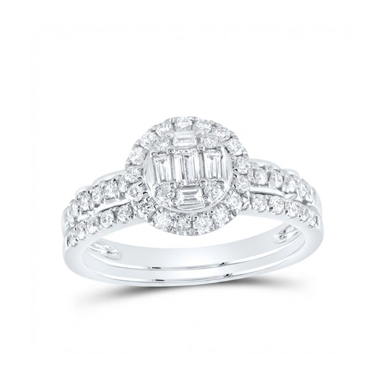 The 3/4 CTW Natural Diamond Round Bridal Set in 14k Gold features a round halo of diamonds around baguette and round center stones, plus extra diamonds along the split band for added sparkle.