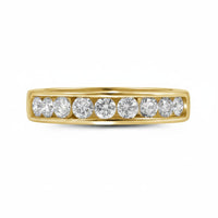 The 14k Gold Round Diamond Wedding Channel Set Band 1 Cttw features a row of eight round-cut diamonds in a channel setting, elegantly displayed on a plain white background.