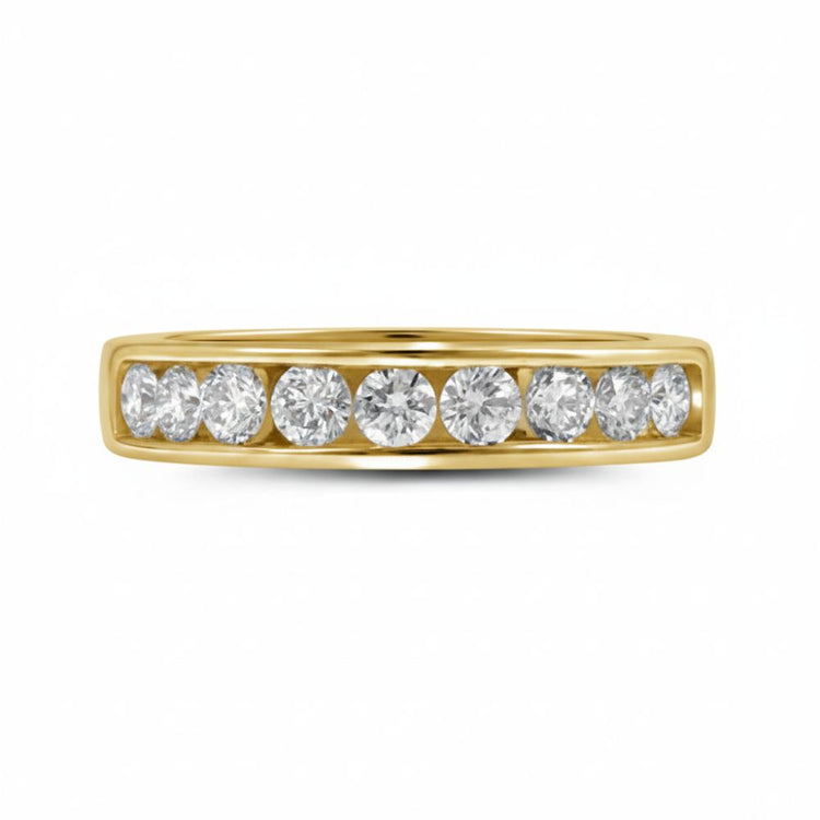 The 14k Gold Round Diamond Wedding Channel Set Band 1 Cttw features a row of eight round-cut diamonds in a channel setting, elegantly displayed on a plain white background.