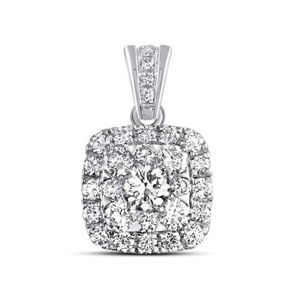The 14K Gold Cushion Diamond Pendant 7/8 Cttw showcases a central round diamond framed by a double halo of smaller diamonds, all set in luminous gold with a diamond-accented bail against a plain white background.