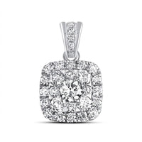 The 14K Gold Cushion Diamond Pendant 7/8 Cttw showcases a central round diamond framed by a double halo of smaller diamonds, all set in luminous gold with a diamond-accented bail against a plain white background.